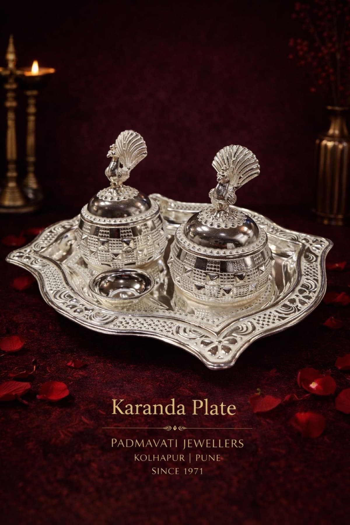 Karanda plate set with peacock-lidded silver pots